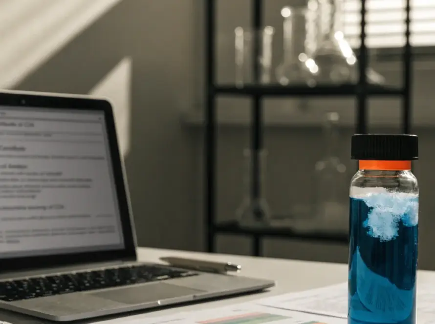 A professional laboratory workspace featuring a glass bottle containing a bright blue liquid and white sediment, placed on paper reports. In the background, a laptop and a shelf with scientific glassware are visible, partially lit by natural light.