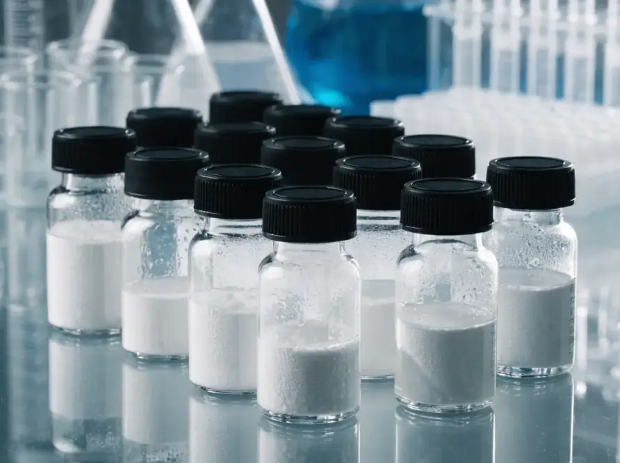 Rows of small glass vials containing white powder on a reflective surface in a laboratory with blurred blue-filled glassware in the background.