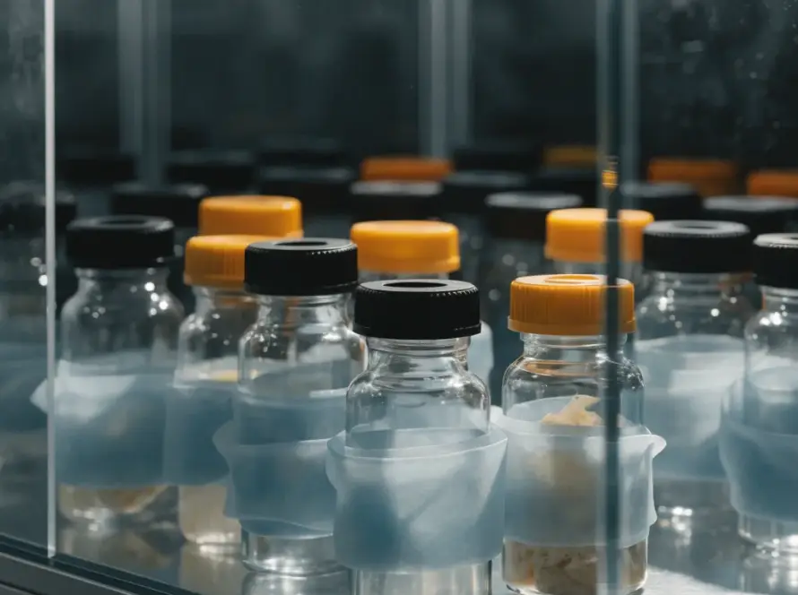 A collection of glass vials with yellow and black caps arranged in a laboratory setting, some containing white substances.
