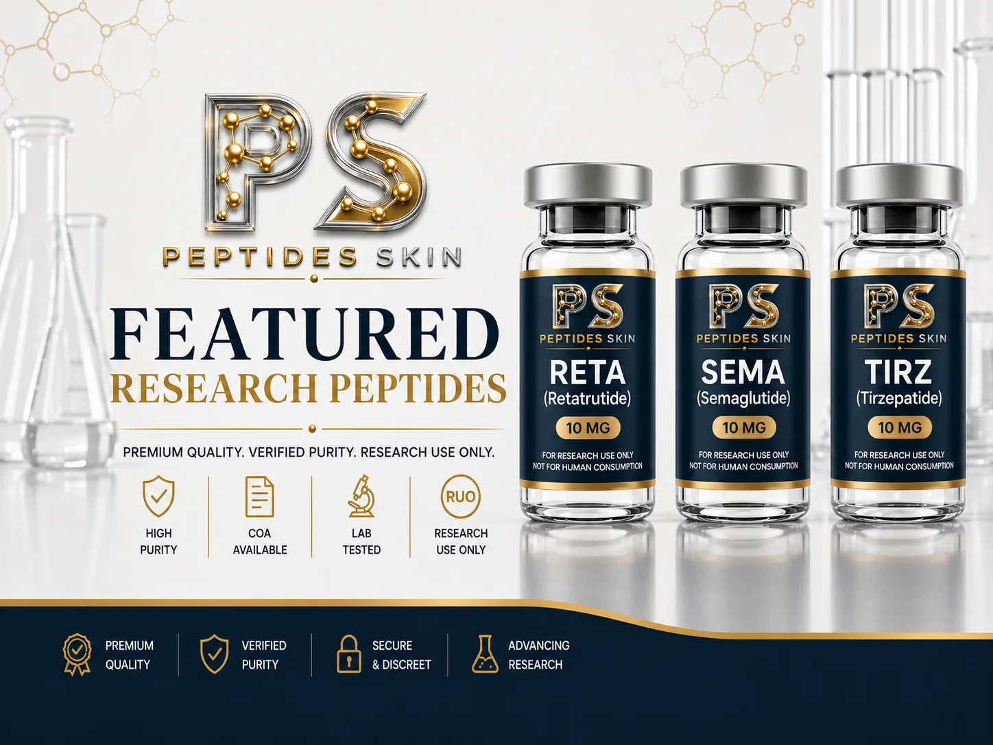 Peptides Skin banner featuring research peptides RETA, SEMA and TIRZ vials with premium quality, verified purity, COA available and lab tested icons.