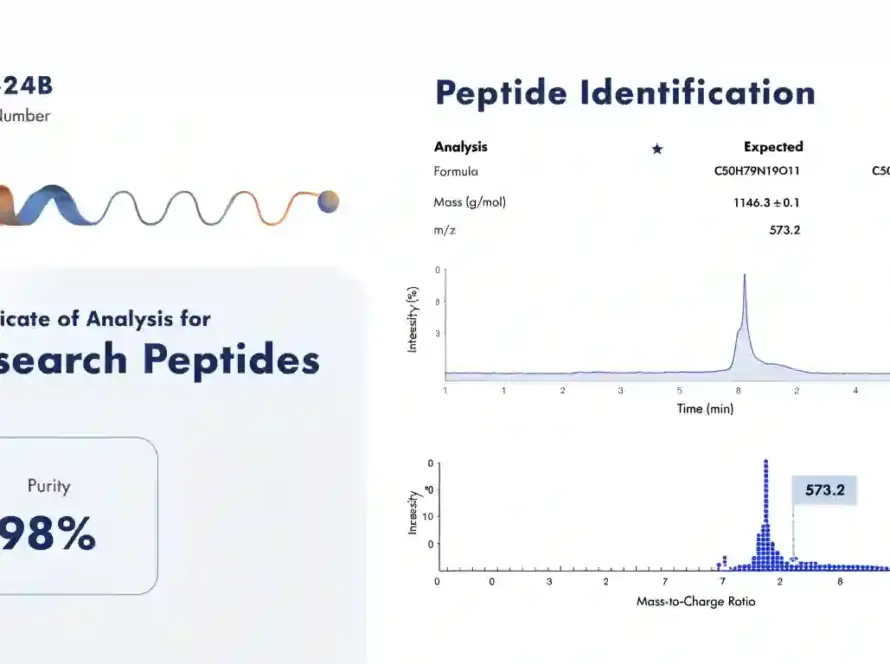 Scientific illustration of a Certificate of Analysis for research peptides with batch number, purity data, HPLC results, and mass spectrometry information.