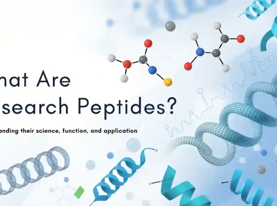 Scientific illustration of research peptides, amino acid chains, and laboratory testing for an educational article.