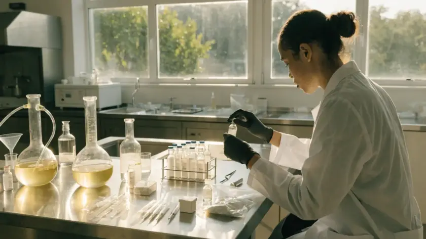 A detailed scene illustrating the peptide reconstitution guide, featuring a focused young scientist in a lab coat, carefully preparing and mixing peptide vials and solvents. The set-up includes essential lab equipment on a clean, bright surface with a backdrop of shelves stacked with scientific materials. Natural lighting illuminates the scene, showcasing the precision and safety measures taken in peptide reconstitution.