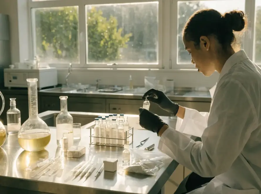 A detailed scene illustrating the peptide reconstitution guide, featuring a focused young scientist in a lab coat, carefully preparing and mixing peptide vials and solvents. The set-up includes essential lab equipment on a clean, bright surface with a backdrop of shelves stacked with scientific materials. Natural lighting illuminates the scene, showcasing the precision and safety measures taken in peptide reconstitution.