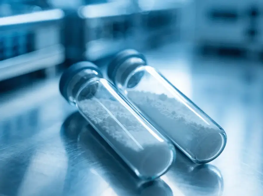 Two sterile glass laboratory vials containing pure lyophilized Retatrutide powder on a stainless steel workstation for in-vitro research.