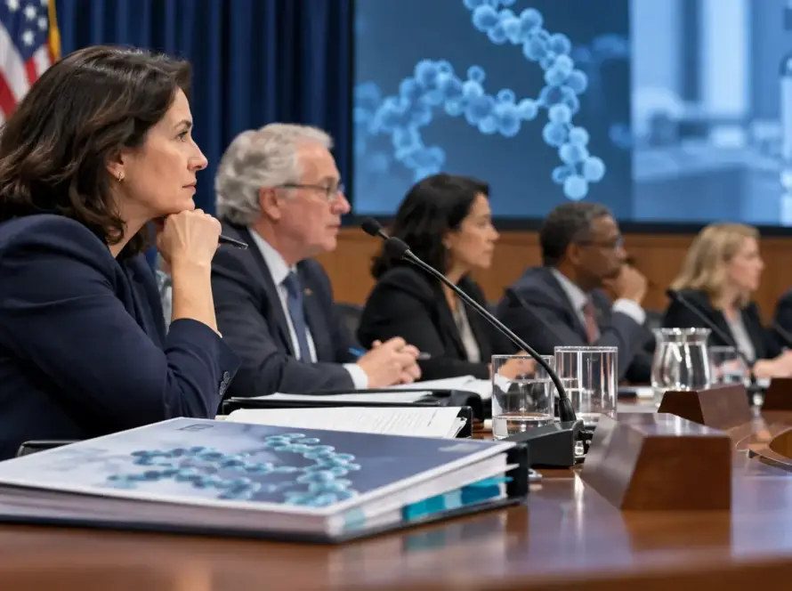 Illustrative committee hearing with molecular science imagery