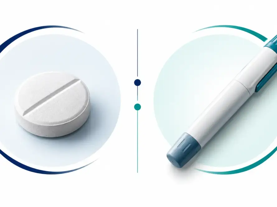 Illustration comparing an oral tablet and an injectable medicine pen