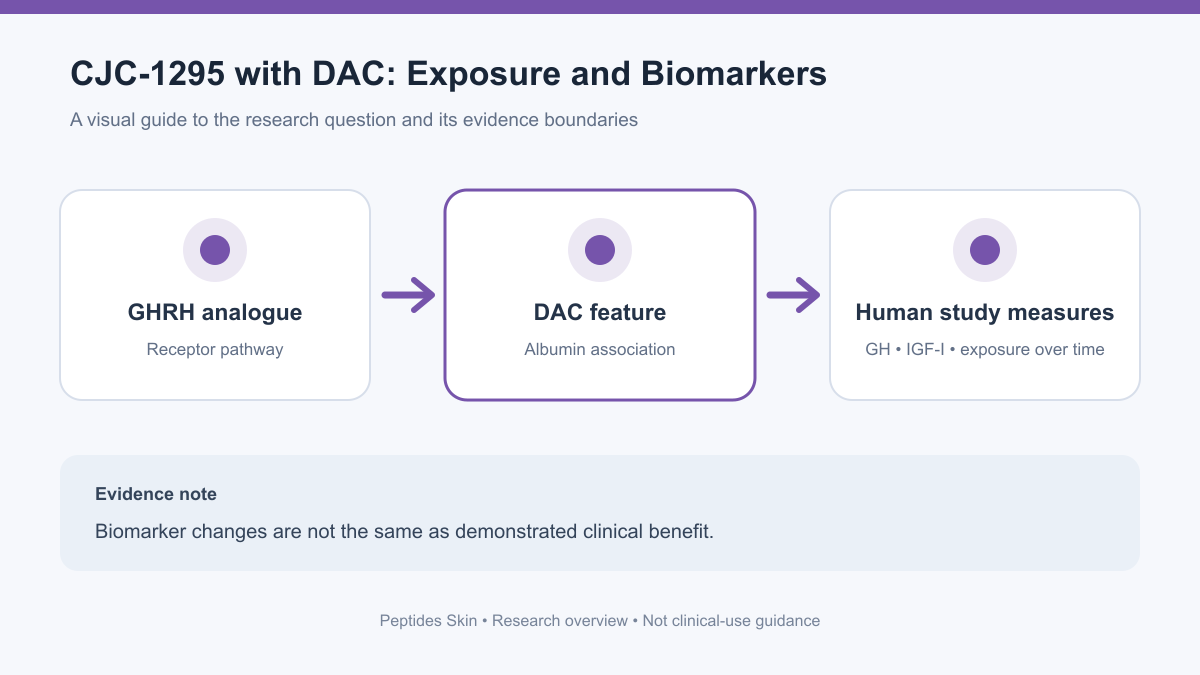 Schematic of CJC-1295 with DAC structure, albumin binding hypothesis, and measured hormone research outcomes.