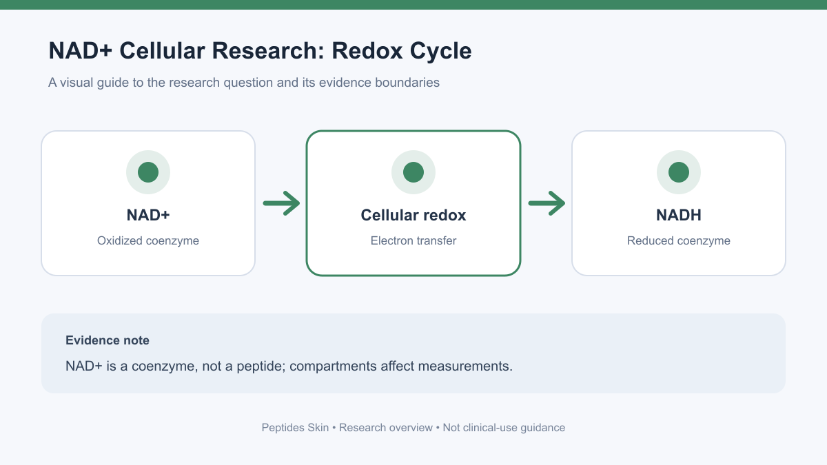 Schematic of NAD+ redox cycling between NAD+ and NADH and its role in cellular research; NAD+ is a coenzyme, not a peptide.