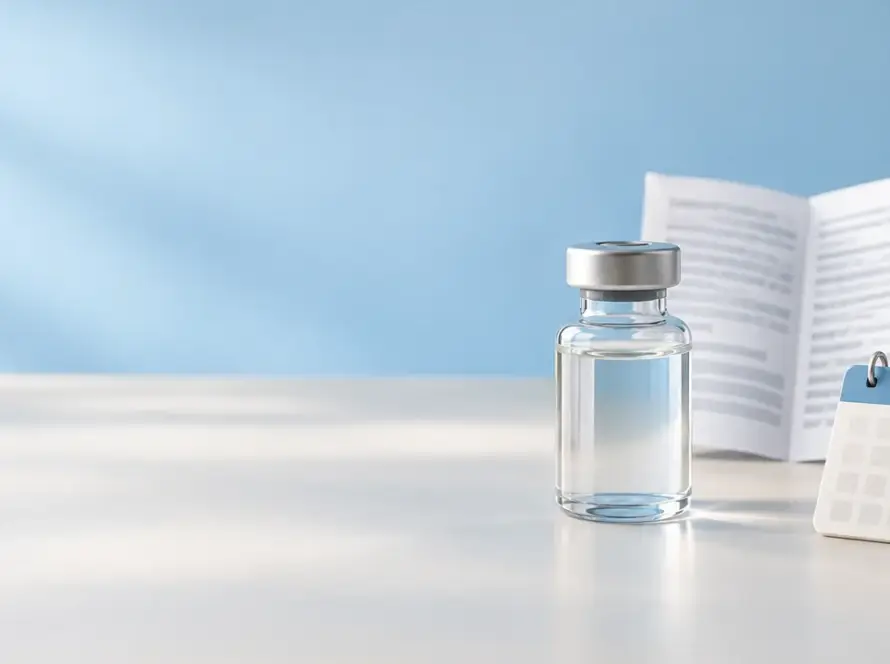 Editorial banner with a generic vial, package insert, and calendar representing label-based storage and expiration guidance.