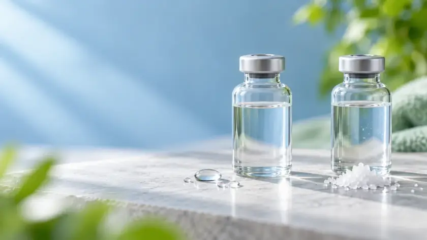 Editorial banner with two generic solution containers, a water-drop cue, and salt crystals for a BAC water and saline comparison.