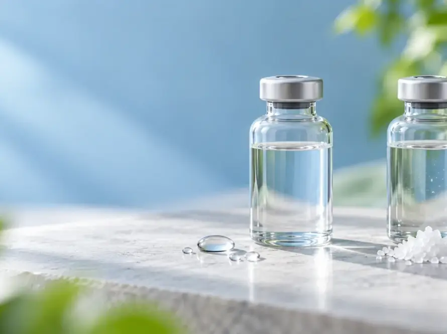 Editorial banner with two generic solution containers, a water-drop cue, and salt crystals for a BAC water and saline comparison.