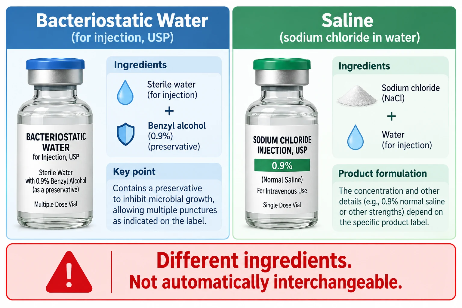 Comparison infographic showing bacteriostatic water contains benzyl alcohol preservative while saline contains sodium chloride in water.