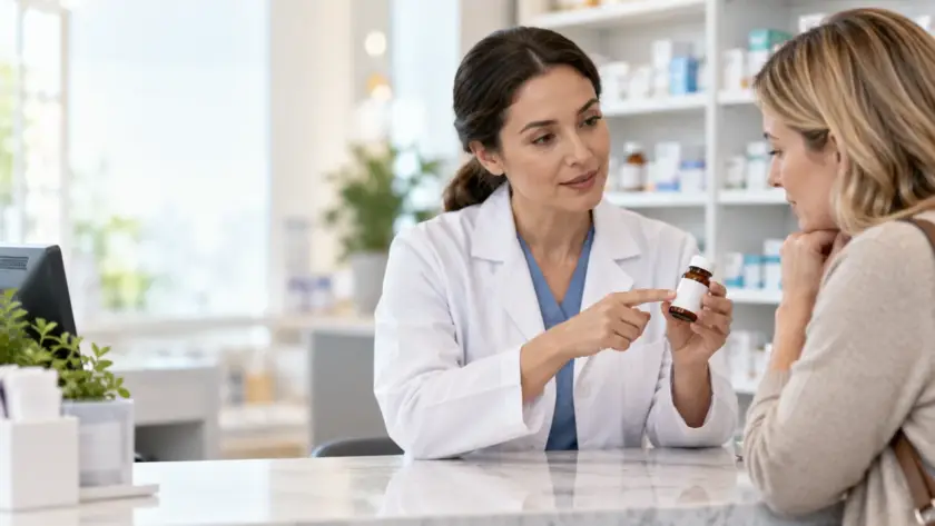 Editorial pharmacy scene showing a pharmacist reviewing a generic product label with a customer.