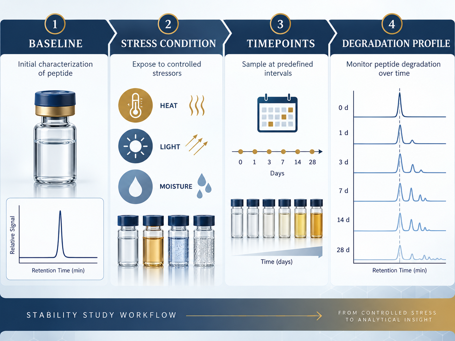 Peptide stability study matrix showing baseline, controlled stress conditions, timepoints, and degradation profile