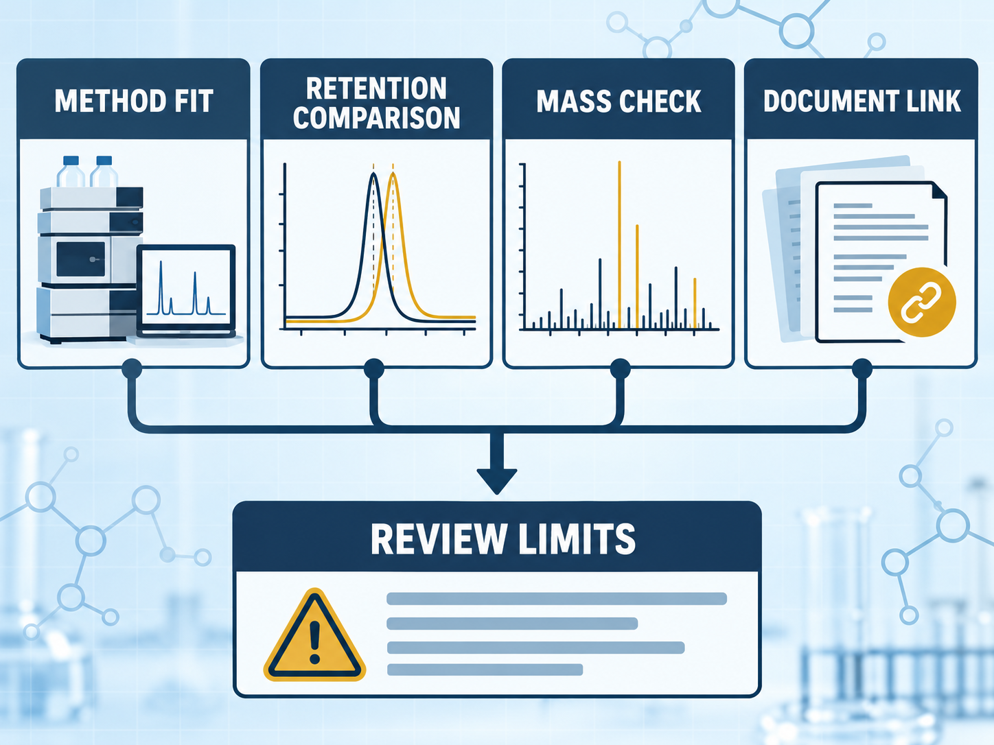Peptide identity review checklist showing method fit, retention comparison, mass check, document link, and review limits