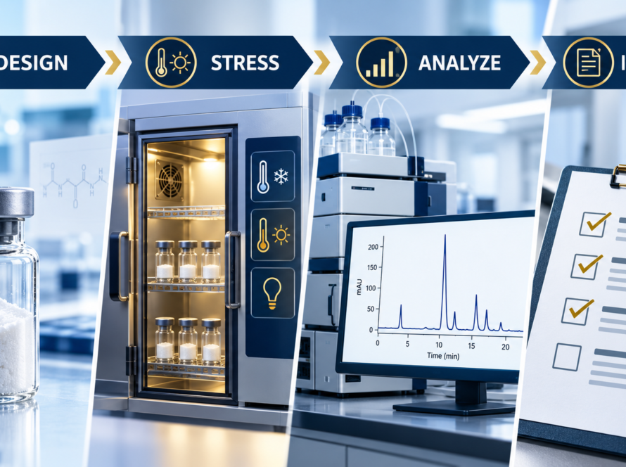 Peptide stability testing workflow showing study design, controlled stress, analytical analysis, and evidence interpretation