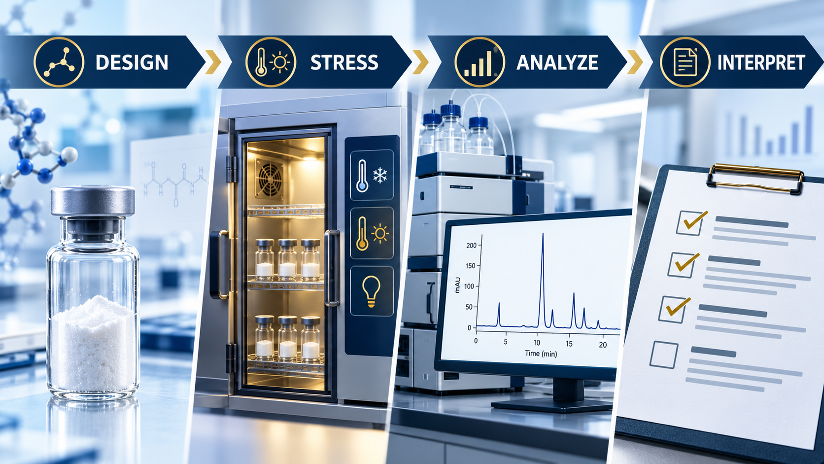 Peptide stability testing workflow showing design, stress, analysis, and interpretation