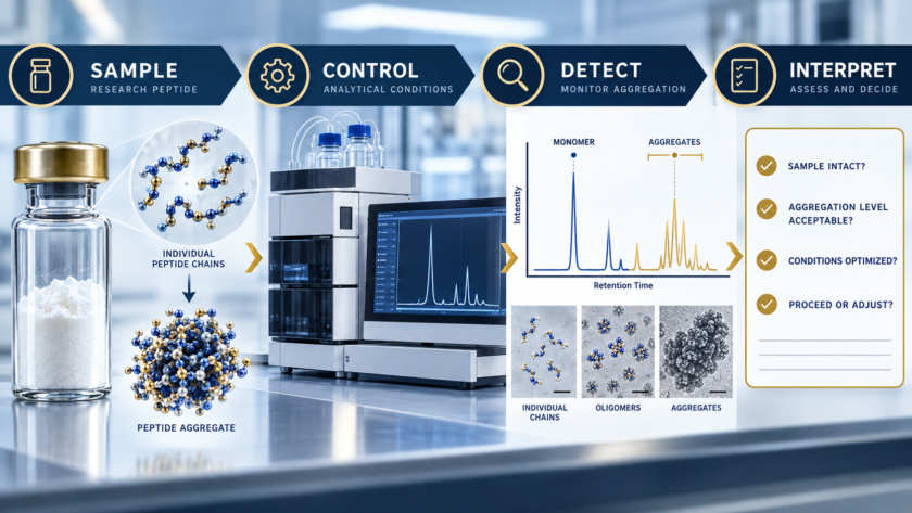 Peptide aggregation research workflow showing sample, control, detection, and interpretation