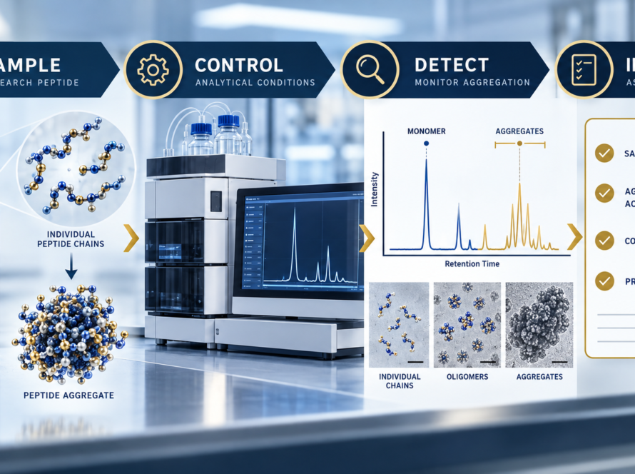 Peptide aggregation research workflow showing sample, control, detection, and interpretation