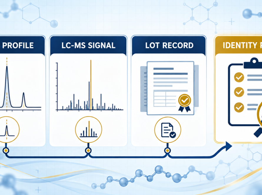 Orthogonal peptide identity confirmation workflow showing HPLC profile, LC-MS signal, lot record, and identity review