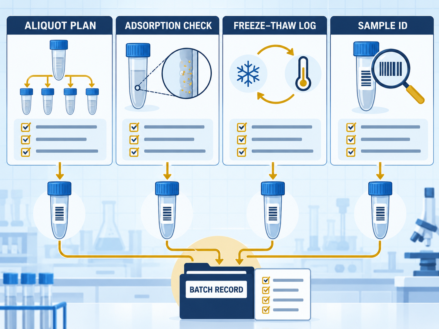 Peptide sample handling checklist showing aliquot plan, adsorption check, freeze-thaw log, sample ID, and batch record