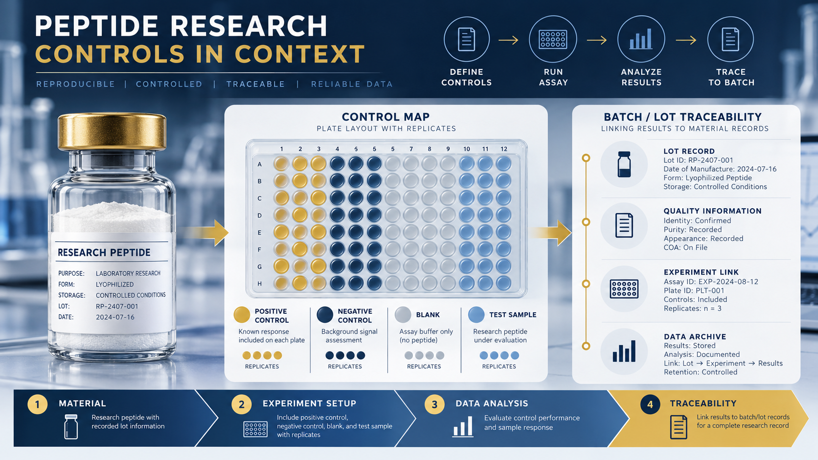 Peptide data-integrity workflow showing sample identifiers, audit trails, version control, calculations, and review approval