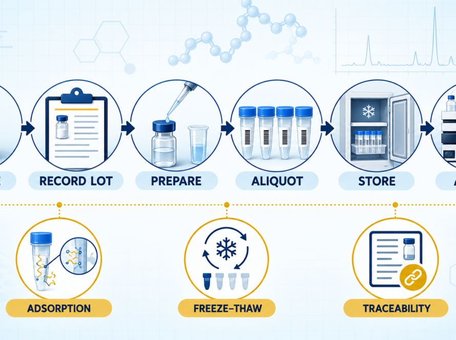Peptide sample preparation workflow showing receive, record lot, prepare, aliquot, store, analyze, adsorption, freeze-thaw, and traceability