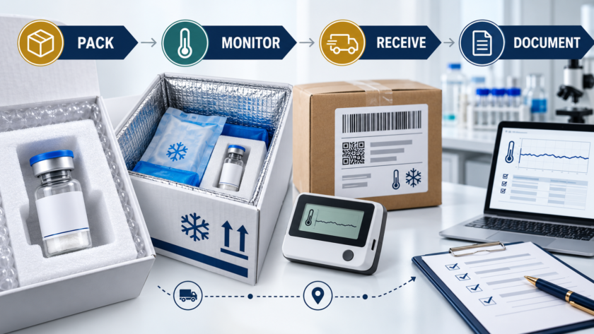 Cold-chain shipping workflow for research peptides showing pack, monitor, receive, and document stages