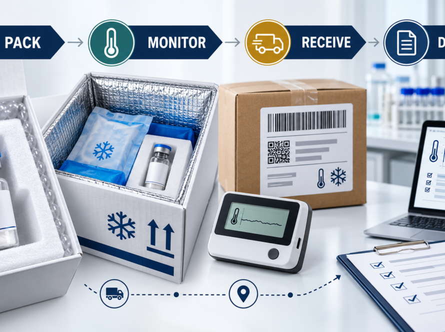 Cold-chain shipping workflow for research peptides showing pack, monitor, receive, and document stages