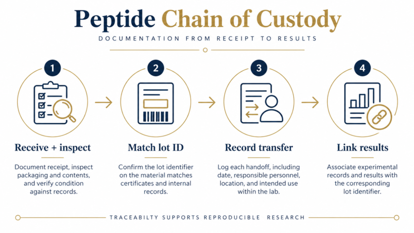 Peptide sample documentation workflow connecting buffer conditions, matrix notes, analytical signals, and review decisions