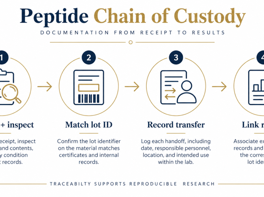Peptide sample documentation workflow connecting buffer conditions, matrix notes, analytical signals, and review decisions