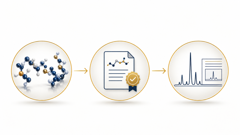 Scientific illustration of peptide material, a documented lot record, and an analytical chromatogram