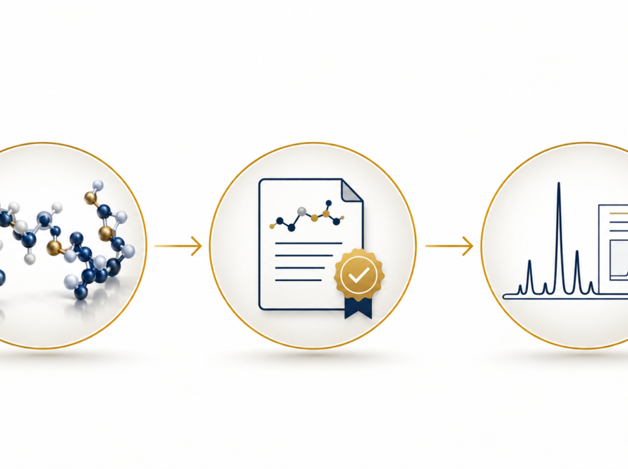 Scientific illustration of peptide material, a documented lot record, and an analytical chromatogram