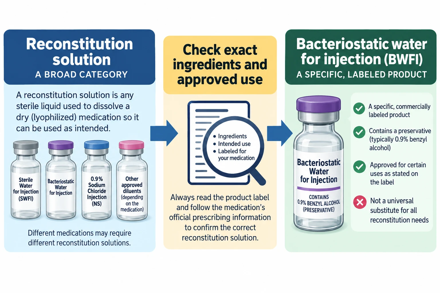 Reconstitution Solution vs Bacteriostatic Water Diagram Diagram explaining that reconstitution solution is a broad category while bacteriostatic water is one specific labeled product.