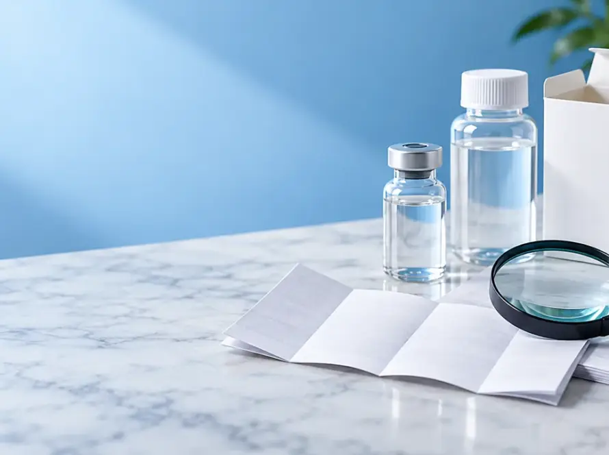 Editorial banner with generic solution containers, blank package inserts, and a magnifying glass representing label review.